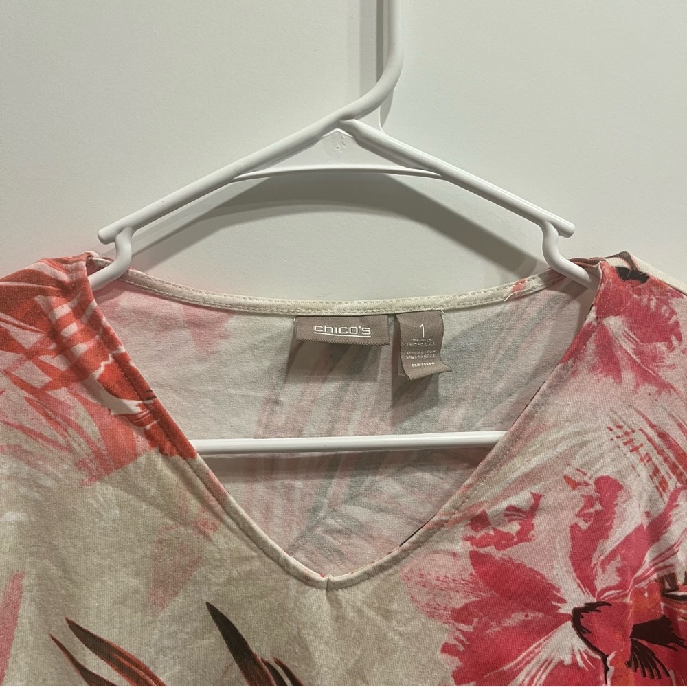 Chico's Pink & White Floral Top Blouse Stretch Cotton Casual 3/4 Sleeve … - Picture 3 of 5